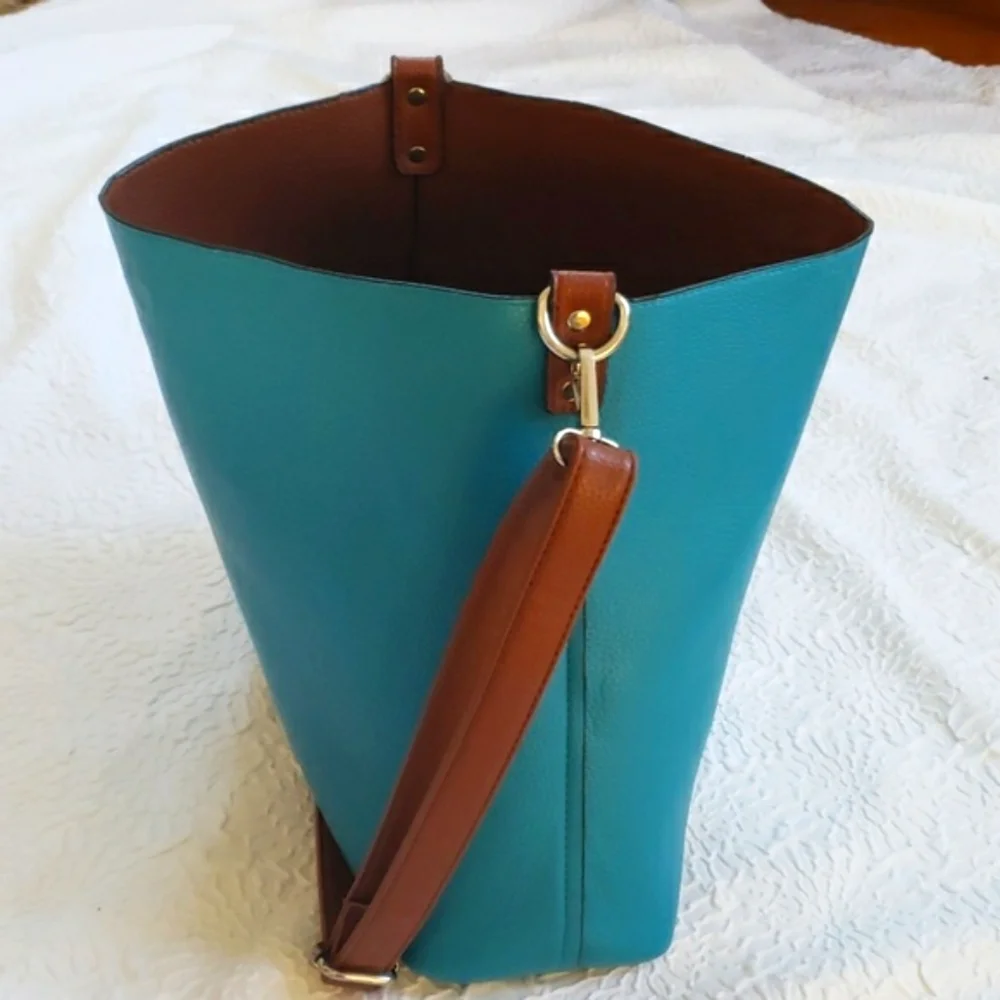 Turquoise & Brown Convertible Pebble Faux Leather Hobo Shoulder Bag, 16